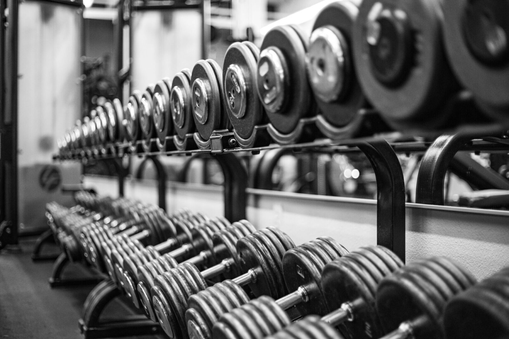 Many metal heavy dumbbells on a rack in the gym